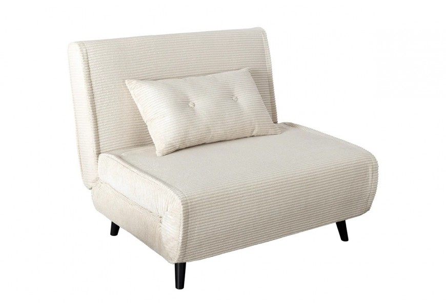 Moderné rozkladacie škandinávske béžové kreslo Kurt s menčestrovým poťahom a lakovanými čiernymi nožičkami s vankúšom béžovej farby