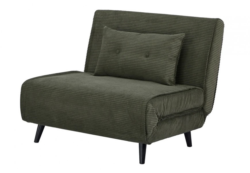 Moderné štýlové olivovo zelené polohovateľné kreslo Kurt s čalúnením z menčestru a čiernymi lakovanými drevenými nožičkami s vankúšom