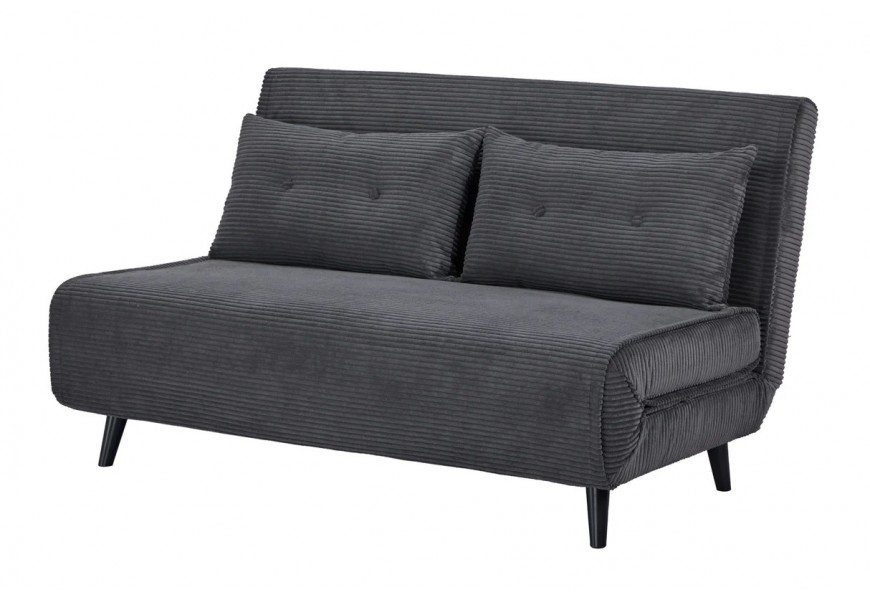 Moderné škandinávske dvojmieste rozkladacie kreslo Kurt s kordovým poťahom v sivej farbe a čiernymi lakovanými nožičkami s dvomi vankúšmi