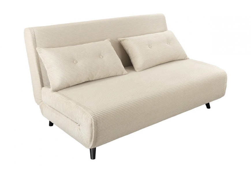 Moderné dvojmiestne rozkladacie škandinávske béžové kreslo Kurt s lakovanými čiernymi nožičkami s dvomi vankúšmi béžovej farby