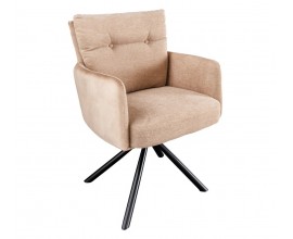 Štýlová otočná jedálenská stolička Dover s retro dizajnom v béžovej farbe s čalúnením z hladkého textilu a bočnými opierkami zo zamatu s čiernymi kovovými nožičkami vychádzajúcimi zo stredu a vankúšovým operadlom s gombíkmi a zipsom zozadu