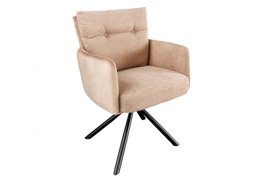 Štýlová otočná jedálenská stolička Dover s retro dizajnom v béžovej farbe s čalúnením z hladkého textilu a bočnými opierkami zo zamatu s čiernymi kovovými nožičkami vychádzajúcimi zo stredu a vankúšovým operadlom s gombíkmi a zipsom zozadu