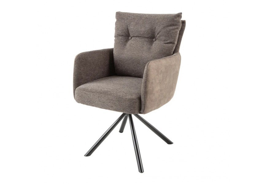 Industriálna barová stolička Dover s hnedým zamatovým sivým poťahom čiernymi kovovými nožičkami s obdlžníkovým operadlom s dvoma gombíkmi