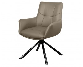Dizajnové kožené jedálenské kreslo Mariposa s poťahom a sivej a hnedej farbe v odtieni taupe s bočnými opierkami a dekoratívnym prešívaním s otočnou kovovou podstavou v matnej čiernej farbe