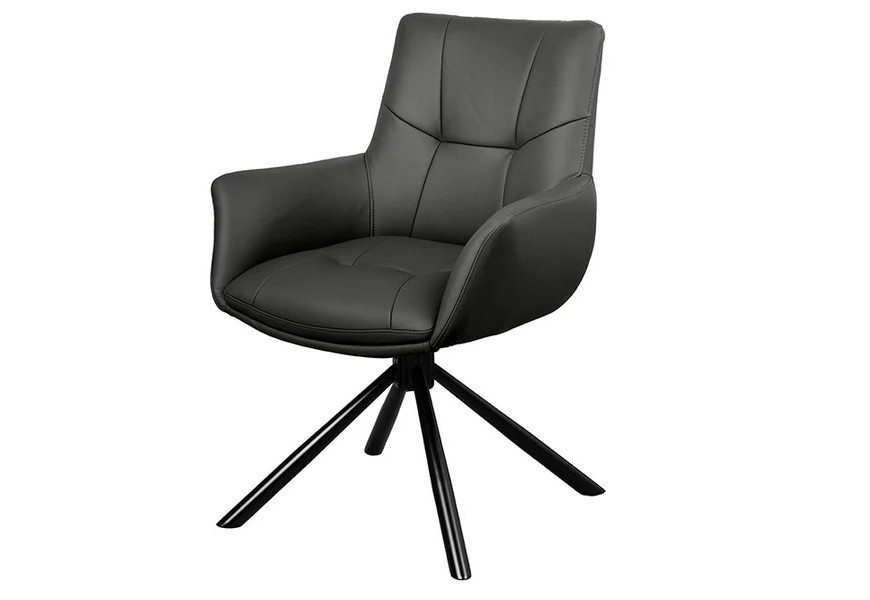 Moderné kožené otočné jedálenské kreslo Mariposa v čiernej farbe s vyhnutými bočnými opierkami a prešívaným poťahom z pravej kože na kovovej podstave so štyrmi ramenami