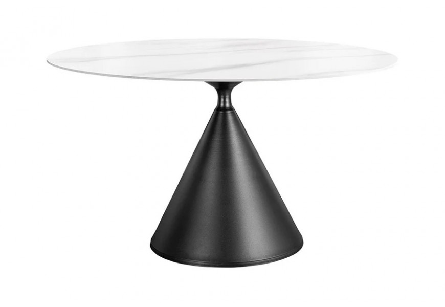 Art deco mramorový jedálenský stôl Eskarina s okrúhlou bielou keramickou vrchnou doskou so sivým žilkovaním s geometrickou nohou z kovu v čiernej farbe v tvare dvoch kužeľov