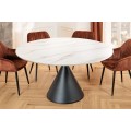 Dizajnový moderný okrúhly jedálenský stôl Eskarina s bielou mramorovou doskou z keramiky a čiernou geometrickou nohou 135 cm