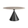 Dizajnový mramorový jedálenský stôl Eskarina s okrúhlou keramickou doskou v sivohnedej farbe s jemným žilkovaním s čiernou kovovou nohou kužeľovitého tvaru