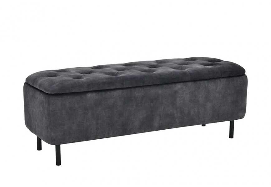 Moderná dizajnová sivá zamatová lavica Eliana s obdĺžnikovým vyklápacím sedadlom s prešívaním s okrúhlymi gombíkmi v chesterfield štýle s úložným priestorom na štyroch tenkých kovových nožičkách v čiernej farbe