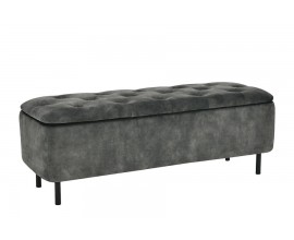 Dizajnová čalúnená lavica Eliana s obdĺžnikovým otváracím sedadlom s prešívaním s okrúhlymi gombíkmi v chesterfield štýle s poťahom zo zamatu v sivozelenej farbe s úložným priestorom na čiernych kovových nožičkách
