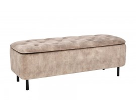 Dizajnová béžová lavica Eliana v odtieni šampanského so sedadlom s prešívaním s okrúhlymi gombíkmi v chesterfield štýle s penovým čalúnením a zamatovým poťahom s úložným priestorom a štyrmi čiernymi kovovými nožičkami