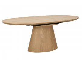 Dizajnový škandinávsky jedálenský stôl Eklund s rozkladacou oválnou vrchnou doskou s dyhovaného dubového dreva v naturálnom svetlom hnedom odtieni s priznanou kresbou letokruhov s jednou kužeľovitou nohou