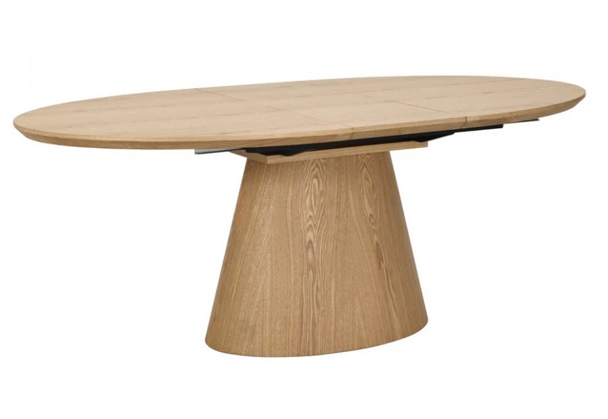 Dizajnový škandinávsky jedálenský stôl Eklund s rozkladacou oválnou vrchnou doskou s dyhovaného dubového dreva v naturálnom svetlom hnedom odtieni s priznanou kresbou letokruhov s jednou kužeľovitou nohou