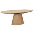 Dizajnový škandinávsky jedálenský stôl Eklund s rozkladacou oválnou vrchnou doskou s dyhovaného dubového dreva v naturálnom svetlom hnedom odtieni s priznanou kresbou letokruhov s jednou kužeľovitou nohou