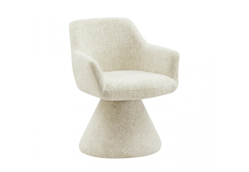 Dizajnové art deco čalúnené otočné kreslo Sonu s celoplošným poťahom zo ženilkovej textílie s výrazným tkaním v krémovej béžovej farbe s opierkami na ruky a kužeľovitou nohou