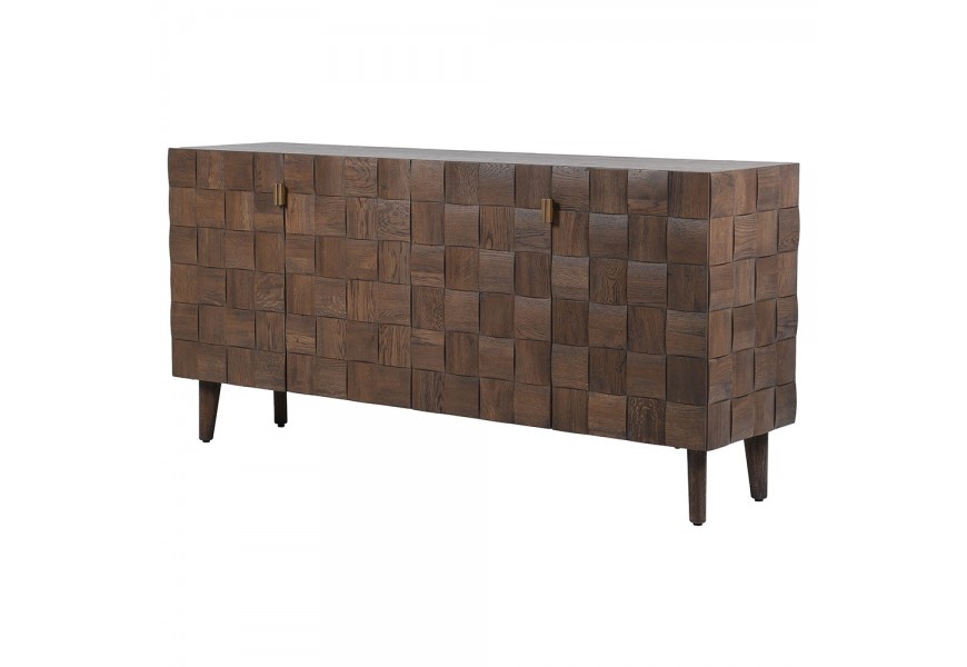 Luxusný retro štvordverový príborník Lokan z masívneho dubového dreva v hnedej farbe s 3D šachovnicovým reliéfom 180 cm 