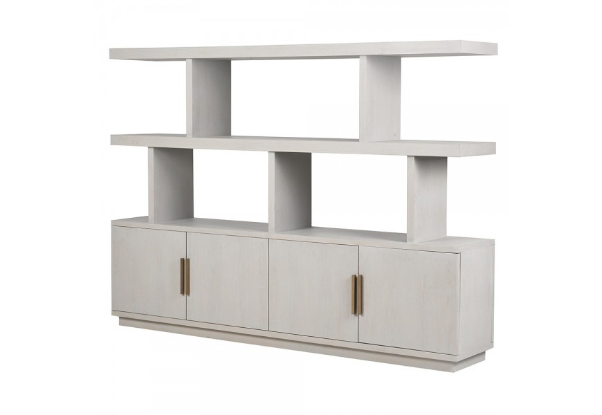 Art deco moderná sivá knižnica štvordverová z dubového a dyhovaného dreva s dvomi policami a hnedými kovovými úchytkami