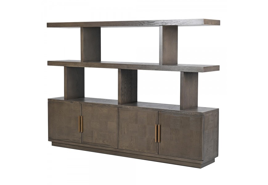 Luxusná moderná hnedá knižnica Quadria Gris z dubového dreva so štyrmi dvierkami a dvomi policami 220 cm