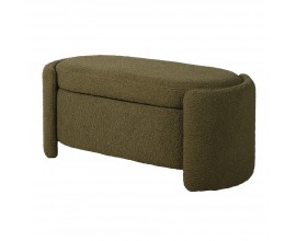 Luxusná art deco štýlová oválna bouclé olivovo zelená lavica Kamila s úložným priestorom 112 cm 