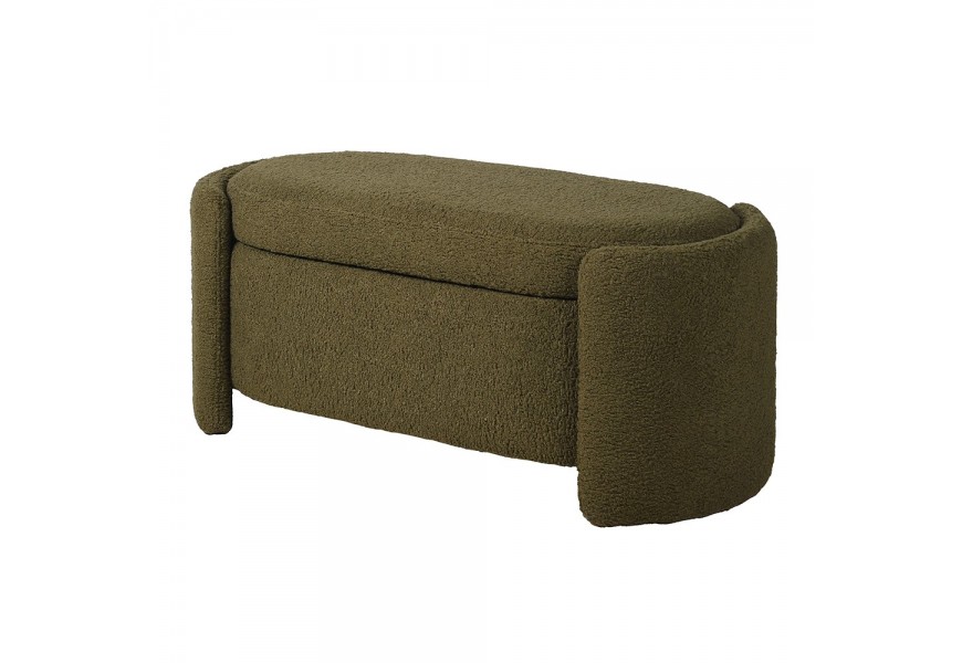 Luxusná art deco štýlová oválna bouclé olivovo zelená lavica Kamila s úložným priestorom 112 cm 