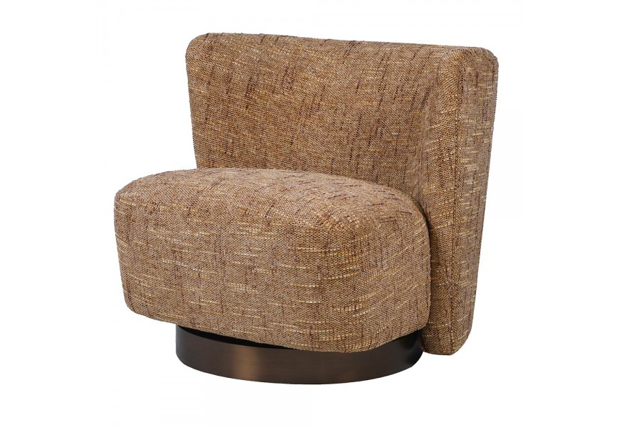 Luxusné moderné čalúnené hnedé kreslo Doria s okrúhlou kovovou podstavou bez bočných opierok so zaobleným operadlom moderný dizajn