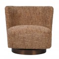 Luxusné art deco hnedé kreslo Doria s okrúhlou kovovou podstavou a textilným poťahom v hnedej farbe 77 cm 