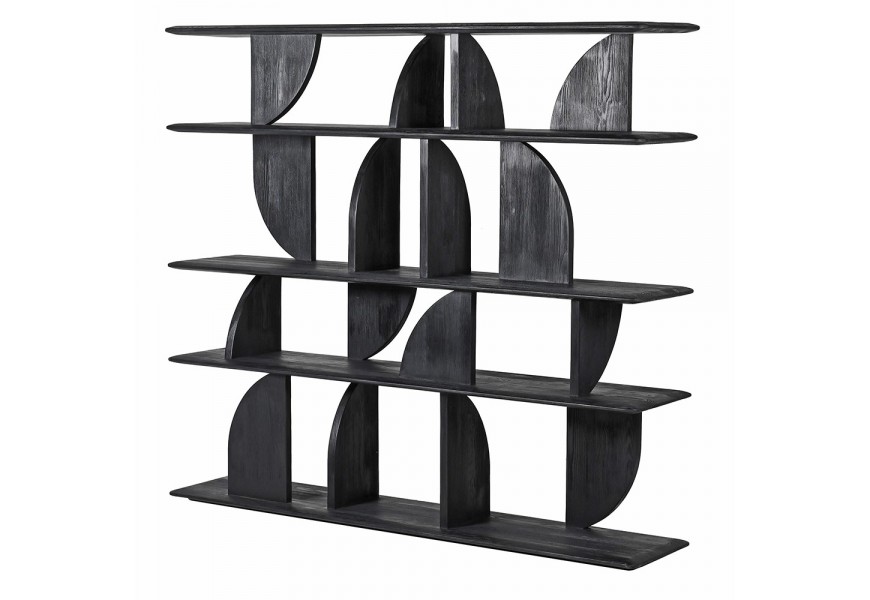 Luxusná art deco knižnical Obsidian z masívneho recyklovaného dreva v čiernej farbe so štyrmi obdĺžnikovými policami a geometrickými vloženými poloblúkmi so striedaním smeru