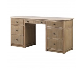 Luxusný vidiecky písací stôl Veron z masívneho dubového dreva s béžovou mramorovou doskou so sivými žilkami a ôsmimi zásuvkami s čiernymi úchytkami