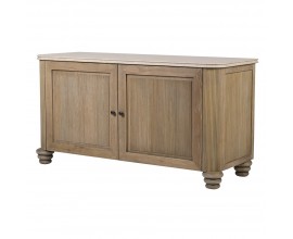 Vintage luxusný príborník Veron z masívneho dubového hnedého dreva s béžovou mramorovou doskou so sivými žilkami s drážkovanými dvierkami a oblými nožičkami