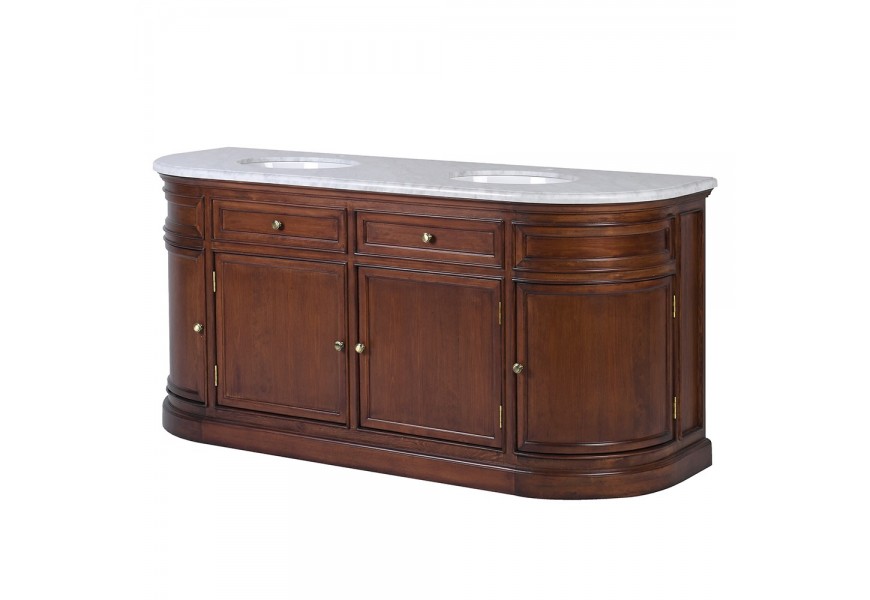 Luxusná klasická kúpeľňová skrinka Amalfia z tmavého masívneho dreva s vrchnou sivou kremeňovou doskou a dvomi umývadlami