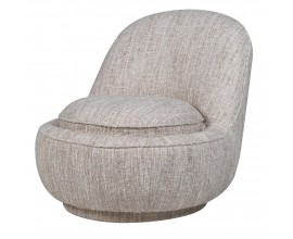 Art deco dizajnové kreslo Aurelia so sivým čalúnením s jemnou textúrou s okrúhlym sedadlom zapusteným do konštrukcie a zaobleným operadlom