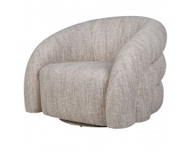 Art deco luxusné čalúnené sivé kreslo Aurelia s okrúhlou podstavou a zaoblenými opierkami s prešívaním 90 cm