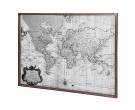 Vintage obdĺžnikový obraz World Map s mapou sveta v sivobielom prevedení s hnedým dreveným rámom a ochranným sklom
