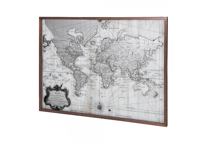 Vintage obdĺžnikový obraz World Map s mapou sveta v sivobielom prevedení s hnedým dreveným rámom a ochranným sklom