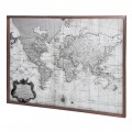 Vintage obdĺžnikový obraz World Map s mapou sveta v sivobielom prevedení s hnedým dreveným rámom a ochranným sklom
