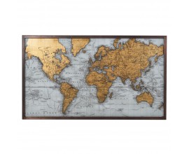 Vintage závesný nástenný obdĺžnikový obraz World Map so žltou mapou sveta na modrom podklade s hnedým dreveným rámom a sklom