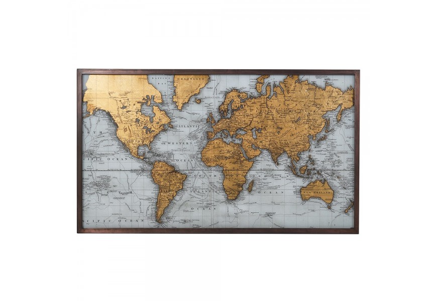 Vintage závesný nástenný obdĺžnikový obraz World Map so žltou mapou sveta na modrom podklade s hnedým dreveným rámom a sklom
