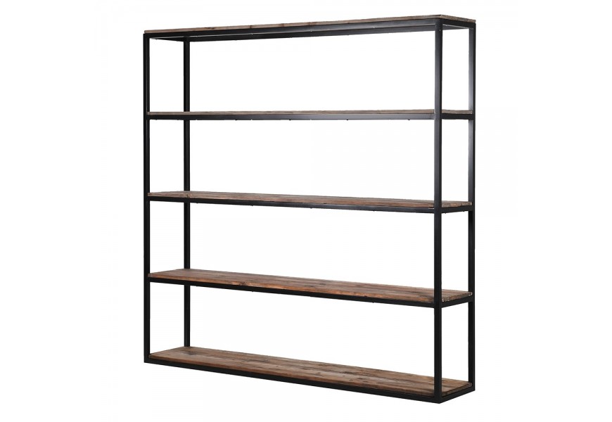 Luxusní industriálny masívny regál Forge z dreva a kovu s piatimi policami v čiernej a hnedej farbe 200 cm 