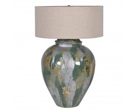 Moderná nočná lampa Aurora s kovovou oblou nohou v tvare vázy v zeleno-striebornej a žltej farebnej kombinácii s béžovým valcovým ľanovým tienidlom