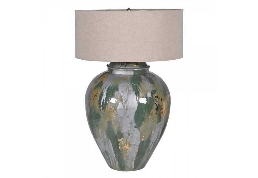Moderná nočná lampa Aurora s kovovou oblou nohou v tvare vázy v zeleno-striebornej a žltej farebnej kombinácii s béžovým valcovým ľanovým tienidlom