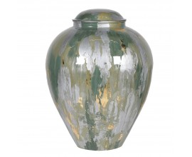 Dizajnová váza Aurora kovová oblá uzatvárateľná v zeleno-striebornej farbe so zlatými detailmi s odnímateľným vekom