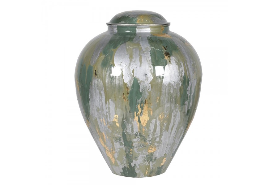 Dizajnová váza Aurora kovová oblá uzatvárateľná v zeleno-striebornej farbe so zlatými detailmi s odnímateľným vekom