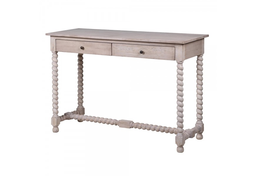Luxusný konzolový stolík Nature masívny z dubového dreva vo vintage štýle s dvomi zásuvkami a špirálovými nožičkami