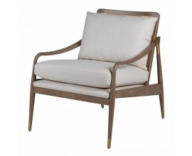 Luxusné retro kreslo Savio s rámom z kaučukového dreva v hnedom odtieni so sivým ľanovým poťahom, zlatými detailmi a zadným viedenským výpletom