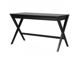 Moderný čierny písací stôl Nero z masívneho jaseňového dreva s prekríženými nohami, spojovacou tyčou a zásuvkou s organizérom