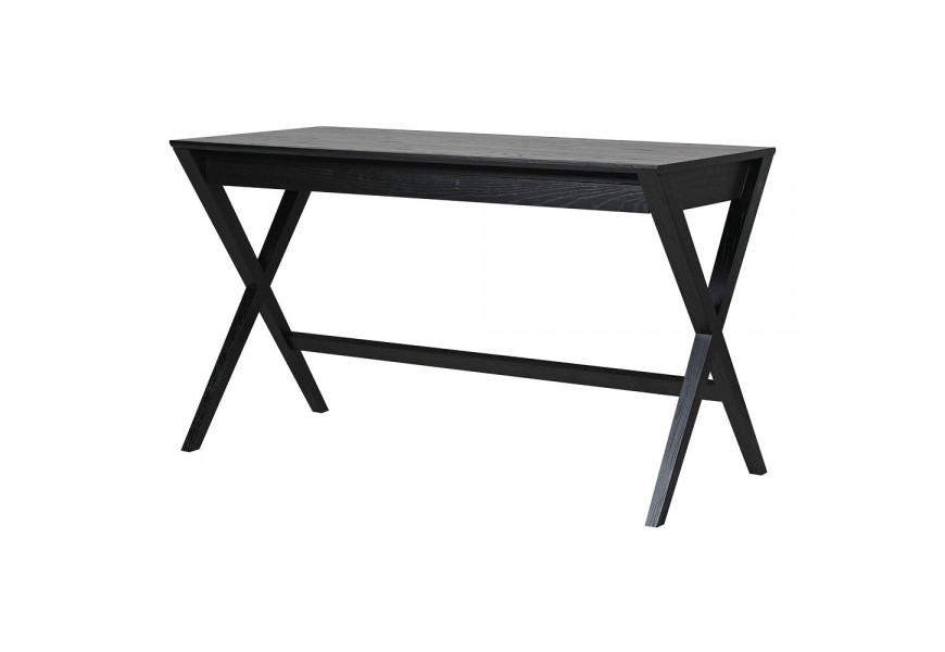 Moderný čierny písací stôl Nero z masívneho jaseňového dreva s prekríženými nohami, spojovacou tyčou a zásuvkou s organizérom