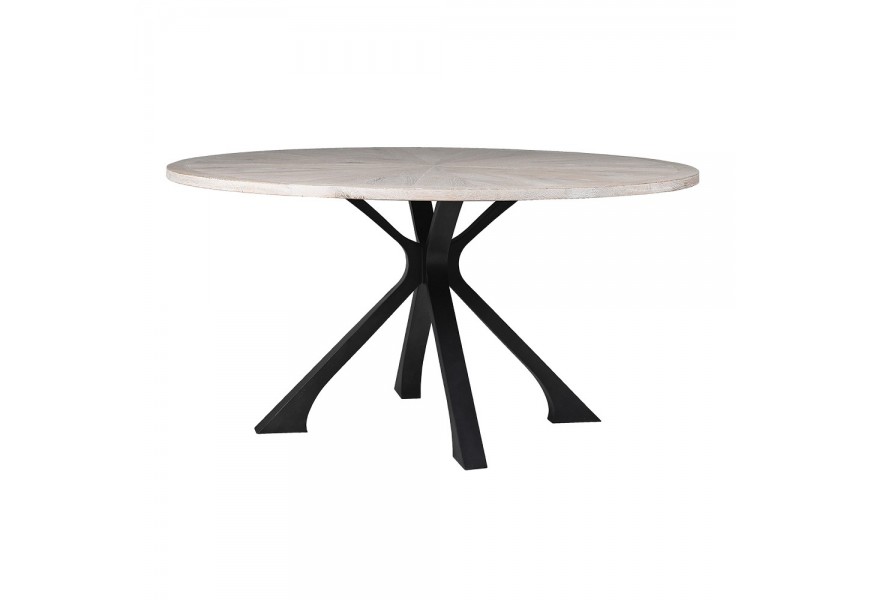 Luxusný moderný industriálny hnedý okrúhly jedálenský stôl Orion z masívneho dubového dreva s čiernou kovovou podstavou 150 cm