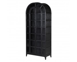 Luxusná industriálna knižnica Arc Noir v čiernom dubovom prevedení s poloblúkovým vrchom s dvojdverovou konštrukciou so sklenenými policami a geometrickým členením rámov na dvierkach