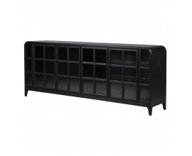 Luxusný art deco príborník Arc Noir v čiernom dubovom prevedení so štyrmi presklenými dvierkami s geometrickým rámovaním a oblými hranami