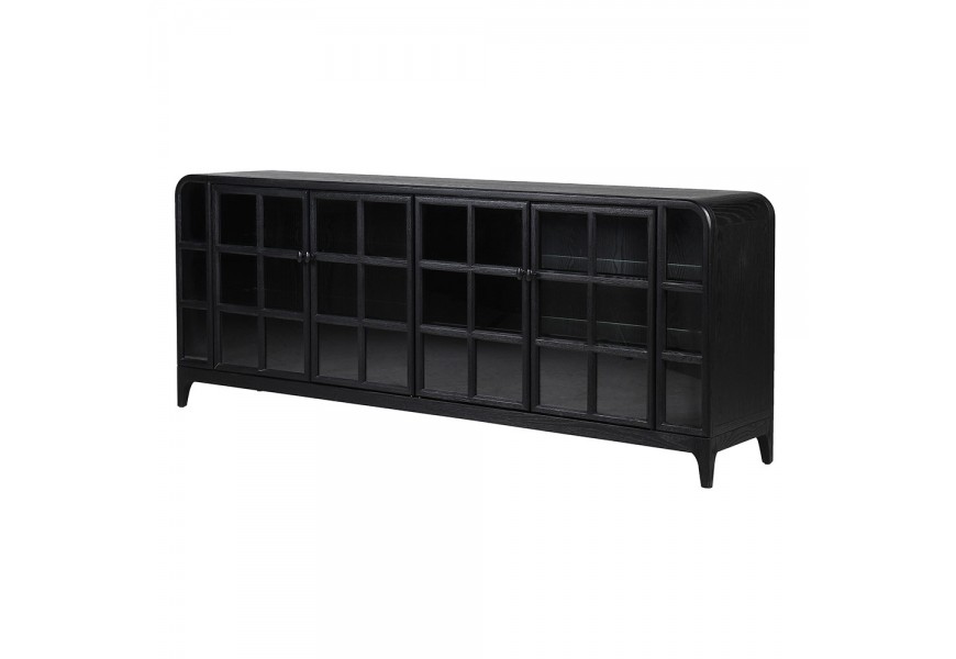 Luxusný art deco príborník Arc Noir v čiernom dubovom prevedení so štyrmi presklenými dvierkami s geometrickým rámovaním a oblými hranami